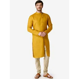 TABARD Men Yellow Solid Side Button Placket Band Collar Cotton Kurta-picture-35