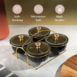 tachiso Ceramic Candy Bowl Ceramic Condiment Bowls | Jar set of 4 with Lid & Stand| Dining Table Containers image 2