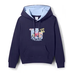 Taeko Fleece Knit Full Sleeves Hooded Sweatshirt With Motorcycle Print & Kangaroo Pockets - Navy Blue-picture-14