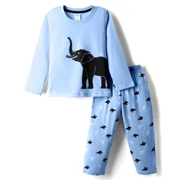 Taeko Single Jersey Knit Full Sleeves Night Suit With Animal Print - Blue-image-21