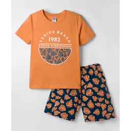 Taeko Single Jersey Knit Half Sleeves T-Shirt & Shorts Set With Leaf Print - Orange-image-38