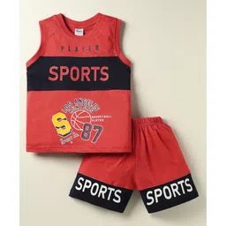 Taeko Single Jersey Knit Sleeveless Cut & Sew Tank T-Shirt & Shorts Set with Sports Theme Print - Red-image-46