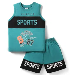 Taeko Single Jersey Knit Sleeveless Cut & Sew Tank T-Shirt & Shorts Set with Sports Theme Print - Teal Blue-image-6