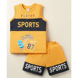 Taeko Single Jersey Knit Sleeveless Cut & Sew Tank T-Shirt & Shorts Set with Sports Theme Print - Yellow-image-7