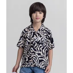 Taffykids Cotton Half Sleeves Abstract Printed Oversized Shirt - Black & Beige-picture-10