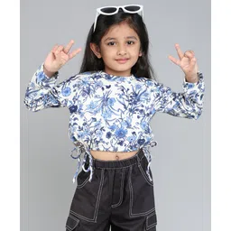 Taffykids Full Sleeves Floral Printed Waist Tie Up Crop Sweatshirt - White & Blue-picture-10