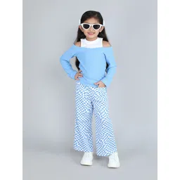 taffykids Girls Colourblocked Off- Shoulder Pure Cotton Top With Printed Trousers-picture-15