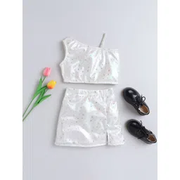 taffykids Girls Rhinestone Studded Embellished Asymmetric Neck Top With Slit Skirt-picture-13