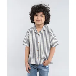 Taffykids Linen Half Sleeves Striped Oversized Shirt - Off White & Blue-picture-27
