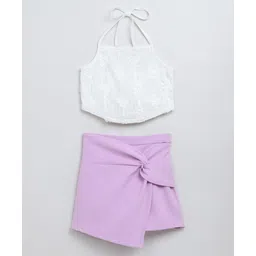 Taffykids Net Knit Sleeveless Threadwork Embroidered Halter Neck Crop With Skort Set - White & Lilac-picture-16