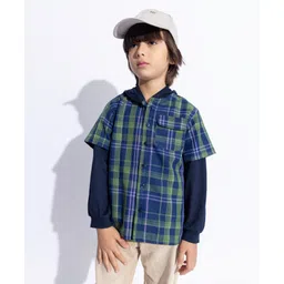 Taffykids Twill Full Sleeves Checked Shirt With Attached Hoodie - Navy Blue & Green-image-17