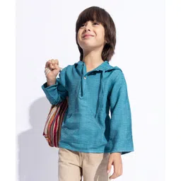 Taffykids Twill Full Sleeves Solid Hooded Shirt - Teal Blue-image-6