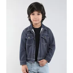 Taffykids Twill Full Sleeves Stitch Detailed Button Up Jacket - Blue-image-14