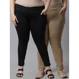 TAG 7 PLUS Plus Size Women Pack of 2 Beige & Black Solid Ankle-Length Leggings-image-16