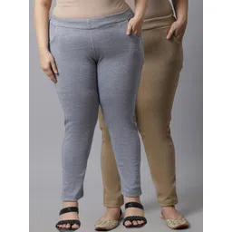 TAG 7 PLUS Plus Size Women Pack Of 2 Beige &Grey Ankle Length Leggings-picture-33