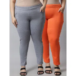 TAG 7 PLUS Plus Size Women Pack of 2 Grey & Orange Solid Woolen Leggings-picture-45