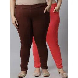 TAG 7 PLUS Women Plus Size Pack Of 2 Brown & Orange Ankle Length Solid Leggings-picture-32