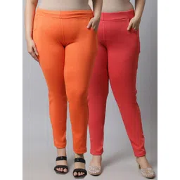 TAG 7 PLUS Women Plus Size Pack Of 2 Orange & Red Solid Ankle-Length Leggings-picture-44