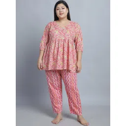 TAG 7 Plus Size Floral Printed V-Neck Pure Cotton Kurti & Pyjama-picture-40