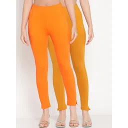 TAG 7 Set Of 2 Orange & Mustard Yellow Solid Cotton Leggings-picture-26