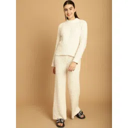 TAG 7 White Self Design Woolen Pullover With Lounge Pants image 1
