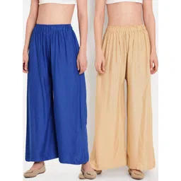 TAG 7 Women Beige & Blue Set of 2 Flared Ethnic Palazzos-picture-16