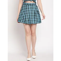 TAG 7 Women Blue And Black Checked Printed Pleated Knee-Length Skirt-picture-33
