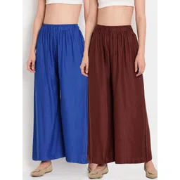 TAG 7 Women Brown & Blue Set of 2 Flared Ethnic Palazzos-picture-39