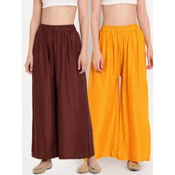 TAG 7 Women Brown & Yellow Set of 2 Flared Ethnic Palazzos-picture-13