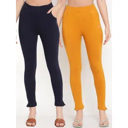 TAG 7 Women Navy Blue & Mustard Yellow Pack of 2 Straight Fit Ankle-Length Leggings-picture-19