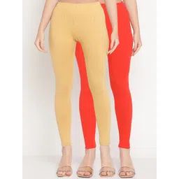 TAG 7 Women Pack of 2 Beige & Orange Solid Comfort Fit Ankle Length Leggings-picture-30