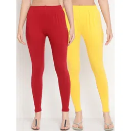 TAG 7 Women Pack of 2 Maroon and Yellow Solid Ankle Length Leggings-picture-35