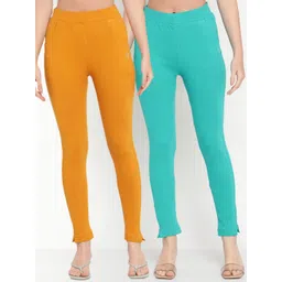 TAG 7 Women Pack of 2 Mustard Yellow & Turquoise Blue Solid Kurti Pants-picture-18