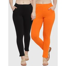 TAG 7 Women Pack Of 2 Orange & Black Solid Straight-Fit Ankle-Length Leggings-picture-11