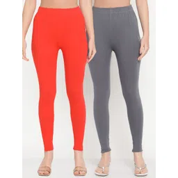TAG 7 Women Pack Of 2 Orange & Grey Solid Ankle-Length Leggings-picture-27