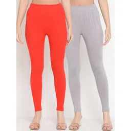 TAG 7 Women Pack Of 2 Orange & Grey Solid Comfort Fit Ankle-Length Leggings-picture-43