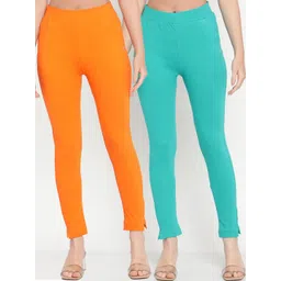TAG 7 Women Pack Of 2 Turquoise Blue & Orange Solid Ankle-Length Leggings-picture-23