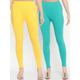 TAG 7 Women Pack of 2 Turquoise Blue & Yellow Solid Ankle Length Leggings-picture-17