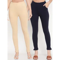 TAG 7 Women Set of 2 Beige & Navy Blue Ankle Length Leggings-picture-32