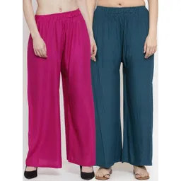 TAG 7 Women Set Of 2 Blue & Magenta Solid Straight Palazzos-picture-16