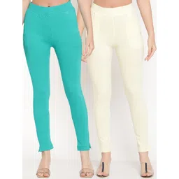 TAG 7 Women Set of 2 Cream-Coloured & Turquoise Blue Ankle Length Leggings-picture-33