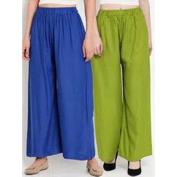TAG 7 Women Set Of 2 Green & Blue Solid Wide Leg Palazzos-picture-26