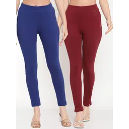 TAG 7 Women Set of 2 Maroon & Blue Ankle Length Leggings-picture-21