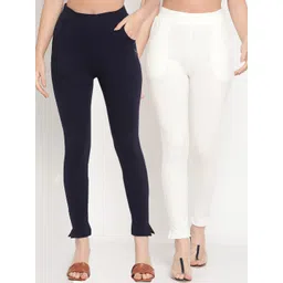 TAG 7 Women Set of 2 Navy Blue & Off White Ankle Length Leggings-picture-24