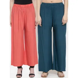 TAG 7 Women Set Of 2 Navy Blue & Peach-Coloured Solid Wide Leg Palazzos-picture-25