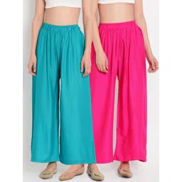 TAG 7 Women Set of 2 Pink & Teal Blue Solid Flared Palazzos-picture-29