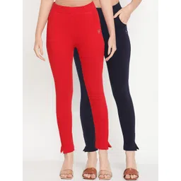TAG 7 Women Set of 2 Red & Navy Blue Ankle Length Leggings-picture-31