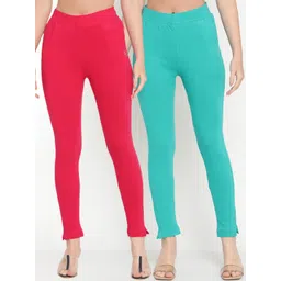 TAG 7 Women Set of 2 Turquoise Blue & Pink Ankle Length Leggings-picture-23