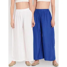 TAG 7 Women Set of 2 White & Blue Solid Flared Palazzos-picture-20
