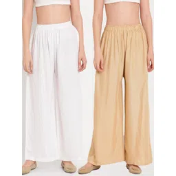 TAG 7 Women White & Beige Set of 2 Flared Ethnic Palazzos-picture-37